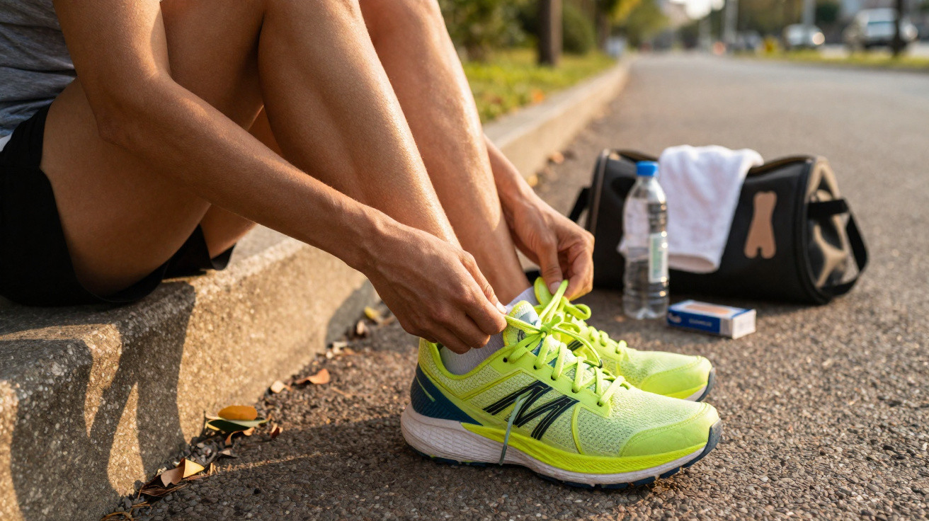Pessoa sentada na calçada amarrando tênis de corrida verde limão antes de exercício ao ar livre.
