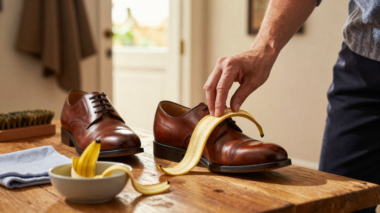 Pessoa colocando casca de banana sobre sapato de couro marrom em mesa de madeira.