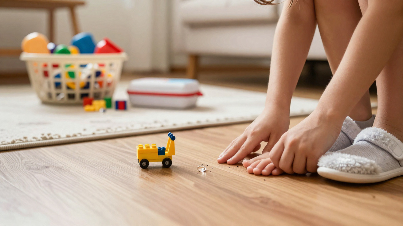 Criança sentada no chão brincando com brinquedo de montar amarelo e azul em sala de estar.