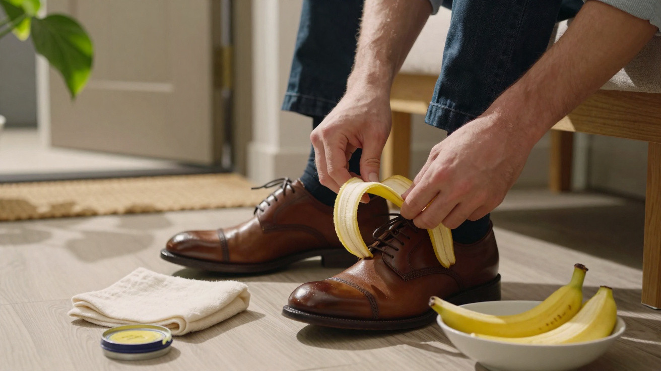 Pessoa usando casca de banana para limpar sapato marrom, com pote de creme e bananas em tigela ao lado.