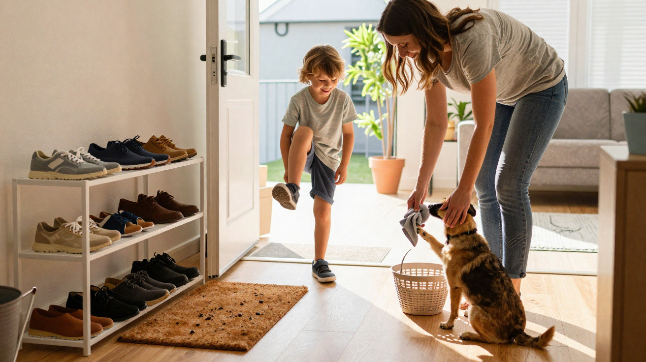 Criança calçando sapato na entrada de casa enquanto mulher seca as patas do cachorro com um pano.