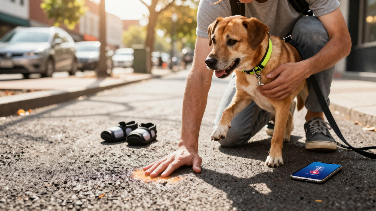 Pessoa testando temperatura do asfalto com a mão enquanto segura cachorro, com sandálias e celular no chão.