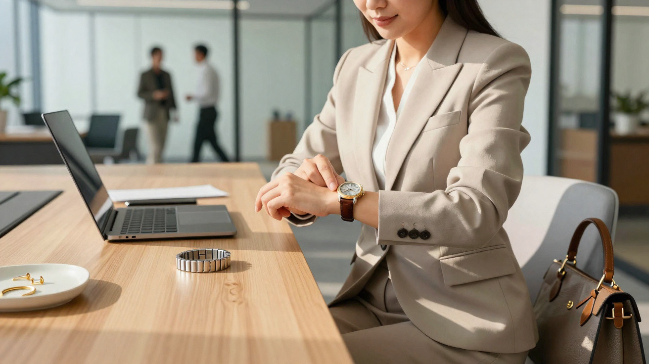 Mulher de negócios sorrindo e olhando o relógio enquanto senta em mesa com notebook e acessórios.