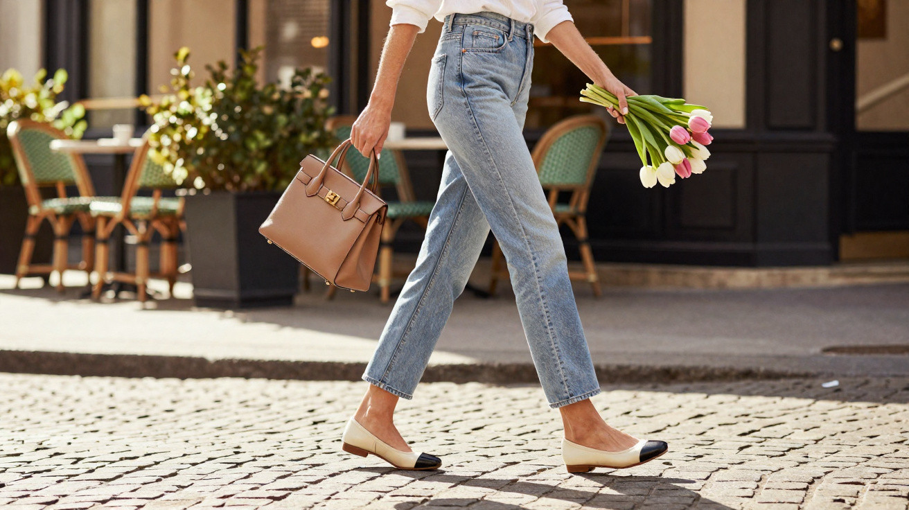 Pessoa caminhando na calçada de pedra com bolsa marrom e buquê de flores nas mãos.
