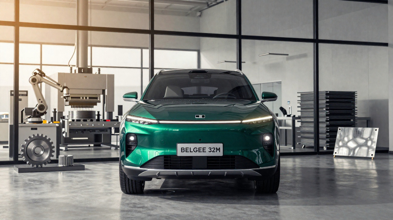 Carro elétrico verde Belgee 32M estacionado em garagem moderna com equipamentos industriais ao fundo.