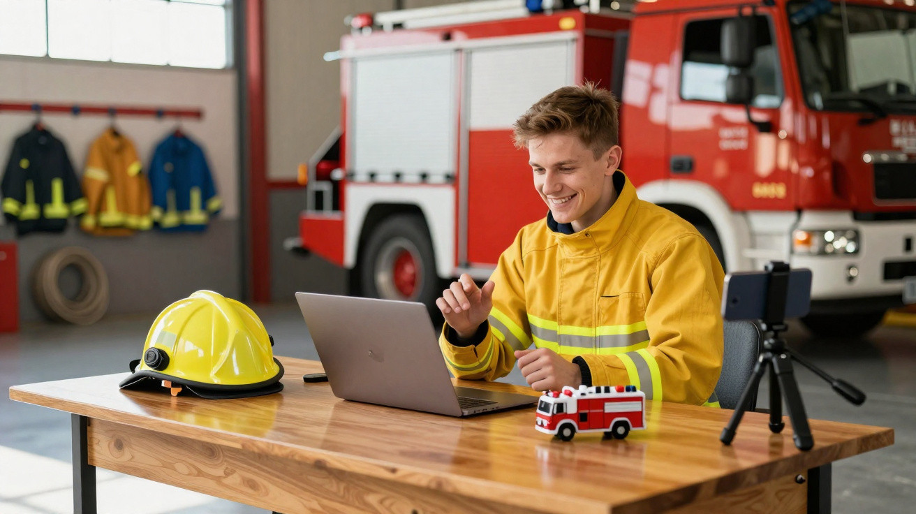 Bombeiro sorridente sentado à mesa com laptop, capacete amarelo e miniatura de caminhão de bombeiros em garagem.