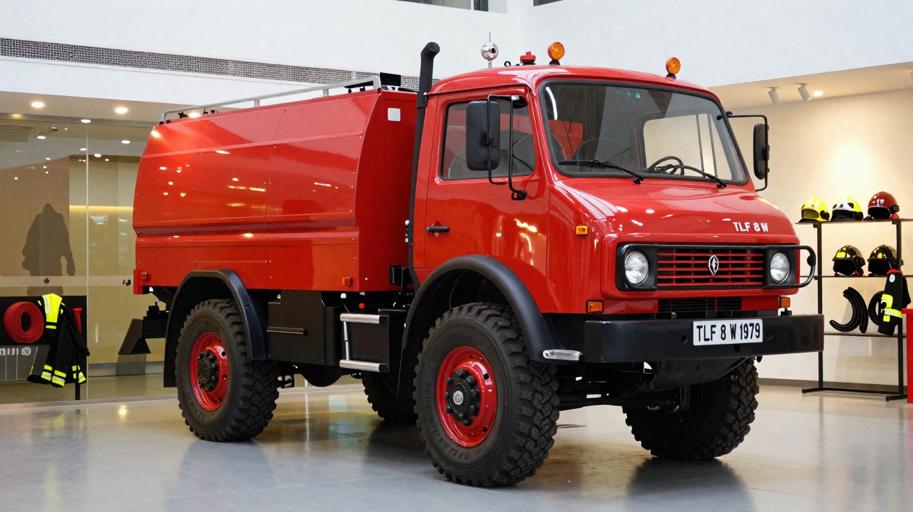 Caminhão de bombeiros antigo vermelho exibido em ambiente interno com capacetes e equipamentos ao fundo.