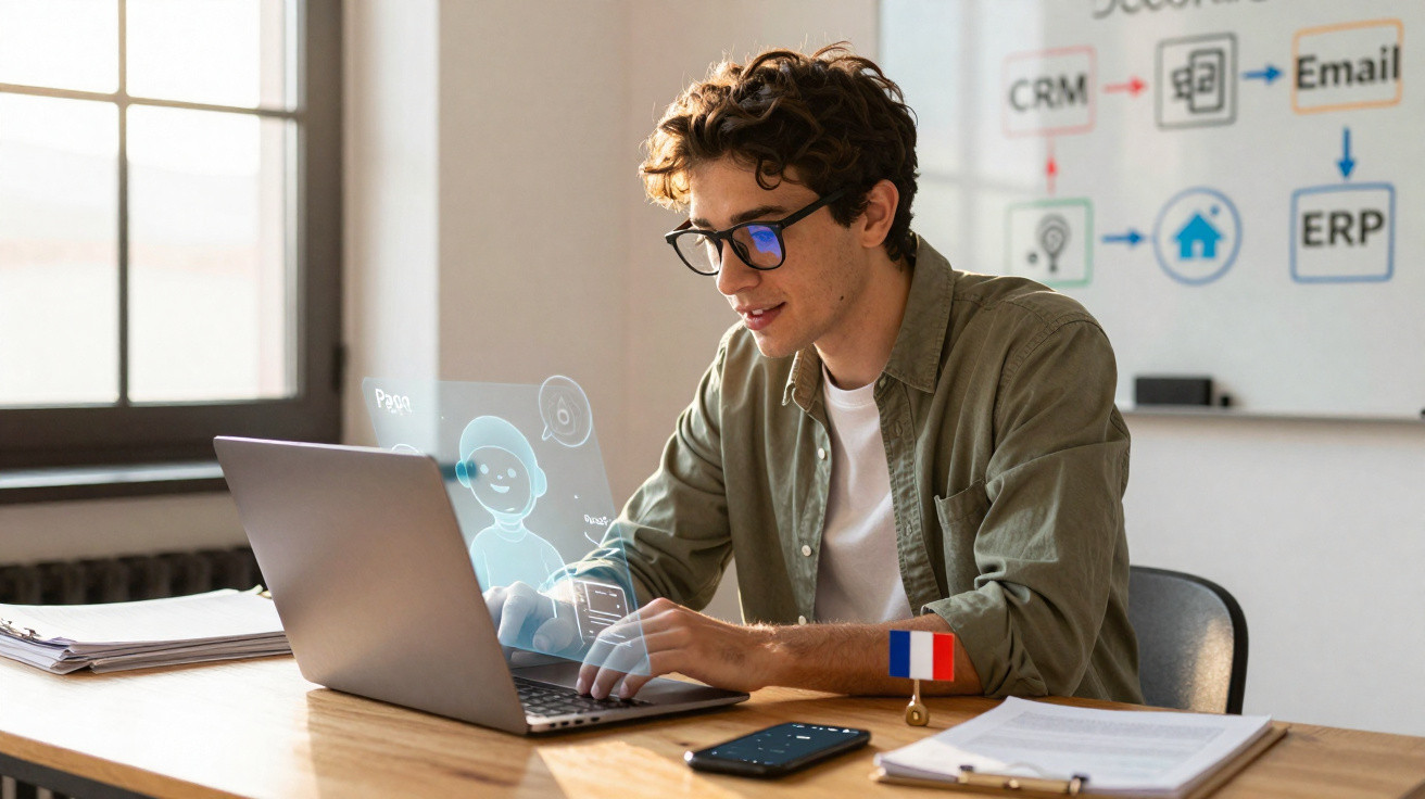Homem jovem com óculos trabalhando em laptop com assistente virtual holográfico e bandeira da França na mesa.