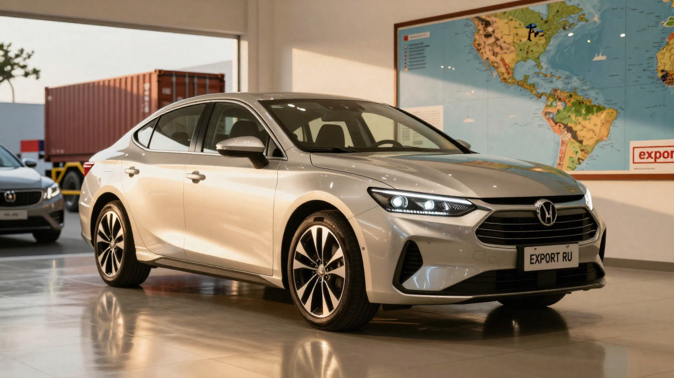 Carro sedan prata estacionado em showroom com mapa-múndi ao fundo e placa "EXPORT RU".