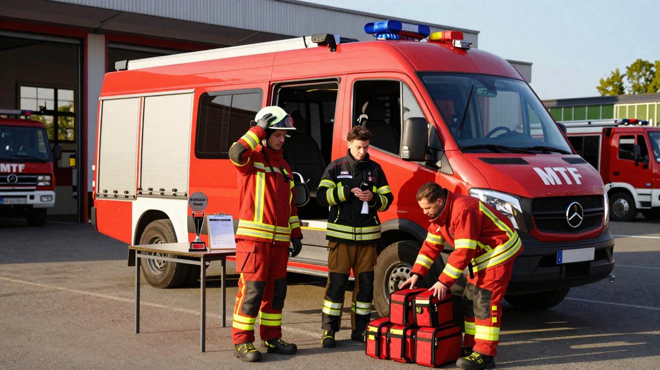 Três bombeiros com uniforme vermelho organizam equipamentos ao lado de caminhão de resgate vermelho.