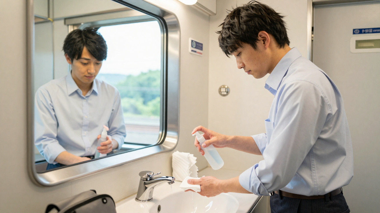 Homem em camisa azul usa álcool em gel próximo à pia em banheiro de transporte público.