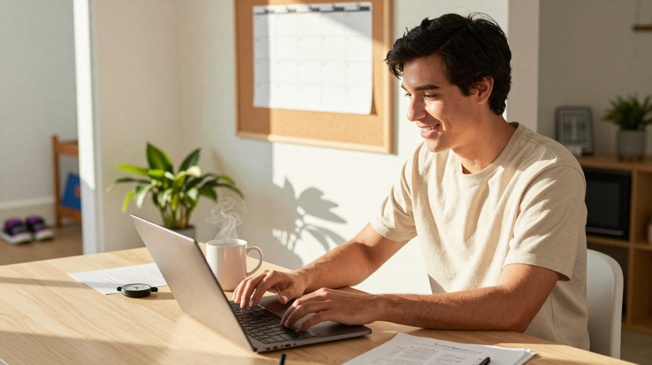 Jovem sorrindo enquanto trabalha em laptop em mesa com café quente e documentos, em ambiente iluminado.