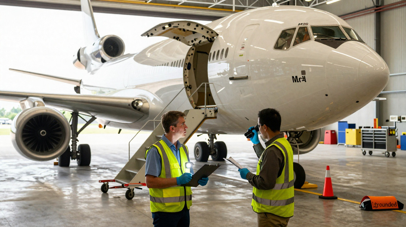 Dois técnicos em colete de segurança fazem inspeção em avião branco dentro de hangar.