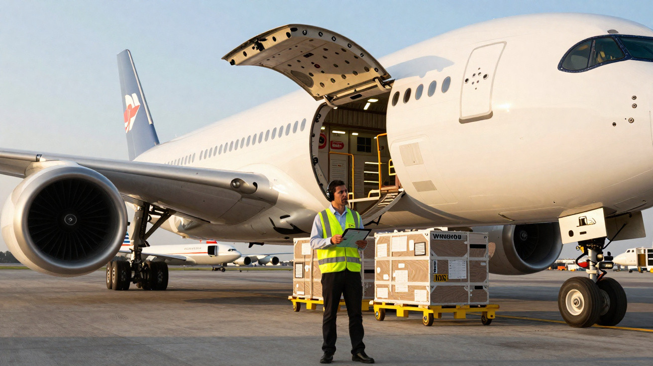 Homem com colete refletivo ao lado de avião carregando caixas em plataforma no aeroporto.