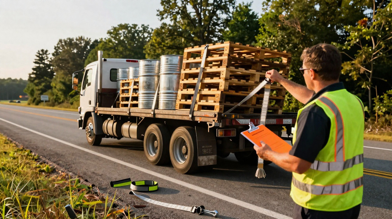 Homem com colete refletivo mede a carga de tambores e pallets em caminhão estacionado à beira da estrada.