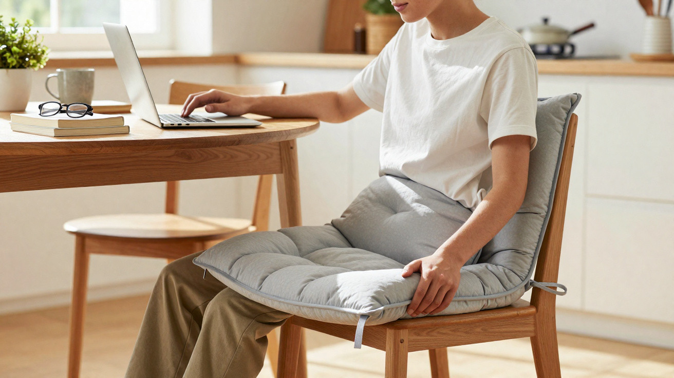 Pessoa sentada em cadeira de madeira com almofada cinza, usando laptop em mesa de madeira.