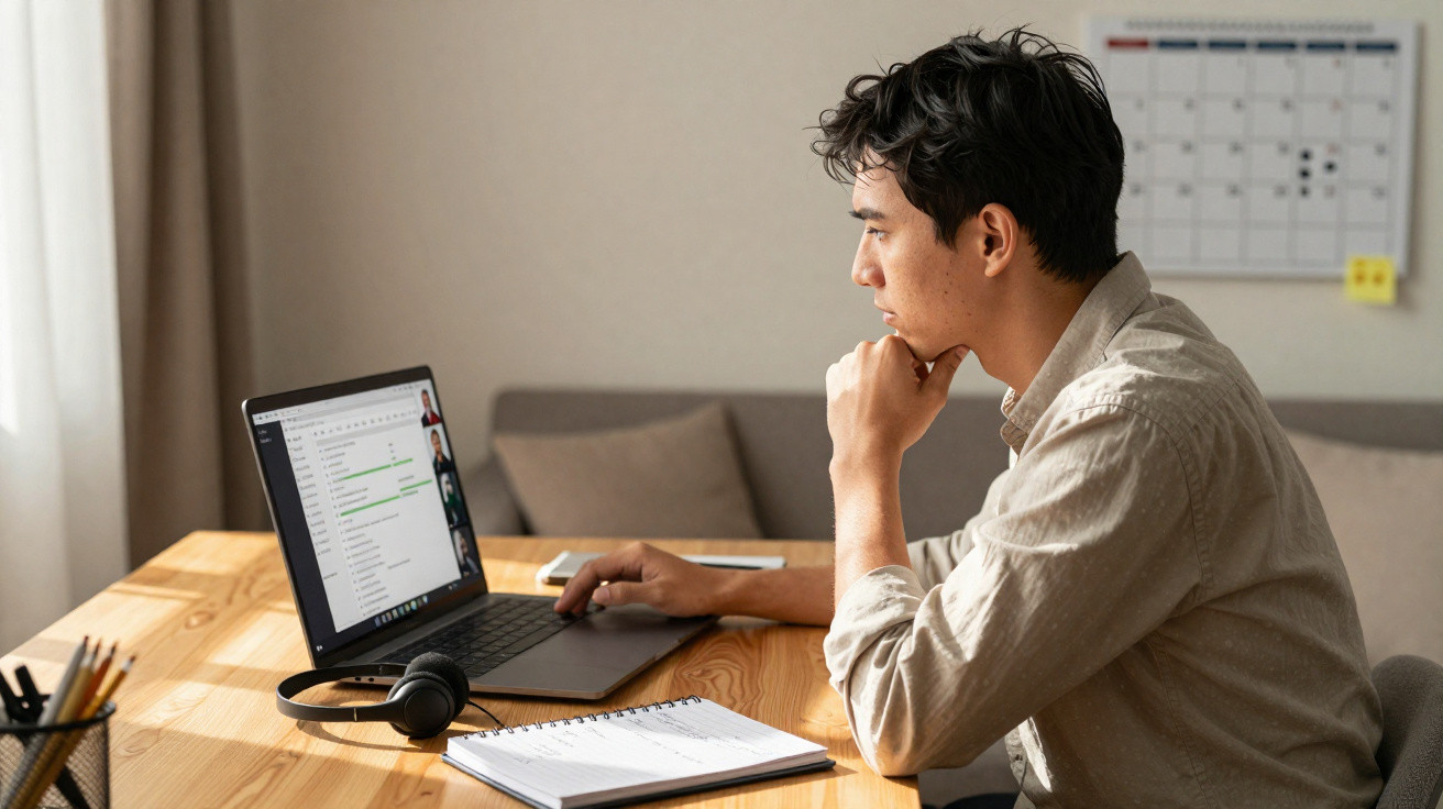 Jovem concentrado assistindo reunião online em laptop, sentado à mesa com caderno e fone de ouvido.