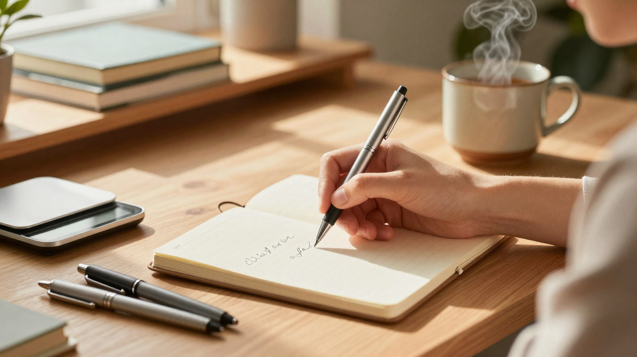 Pessoa escrevendo em caderno com caneta, copo fumegante e objetos sobre mesa de madeira.