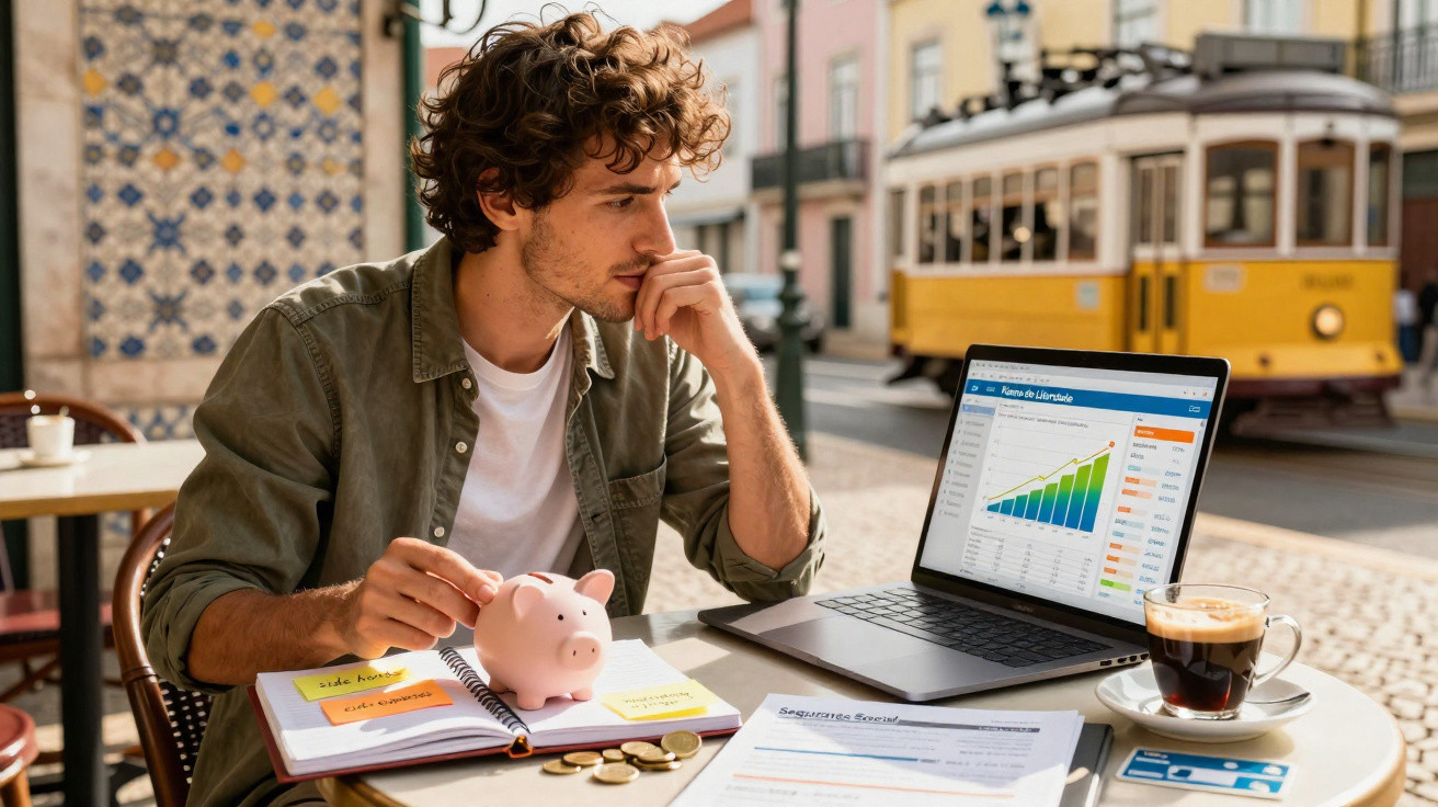 Homem jovem calcula finanças usando cofrinho, laptop com gráfico e documentos em café ao ar livre.