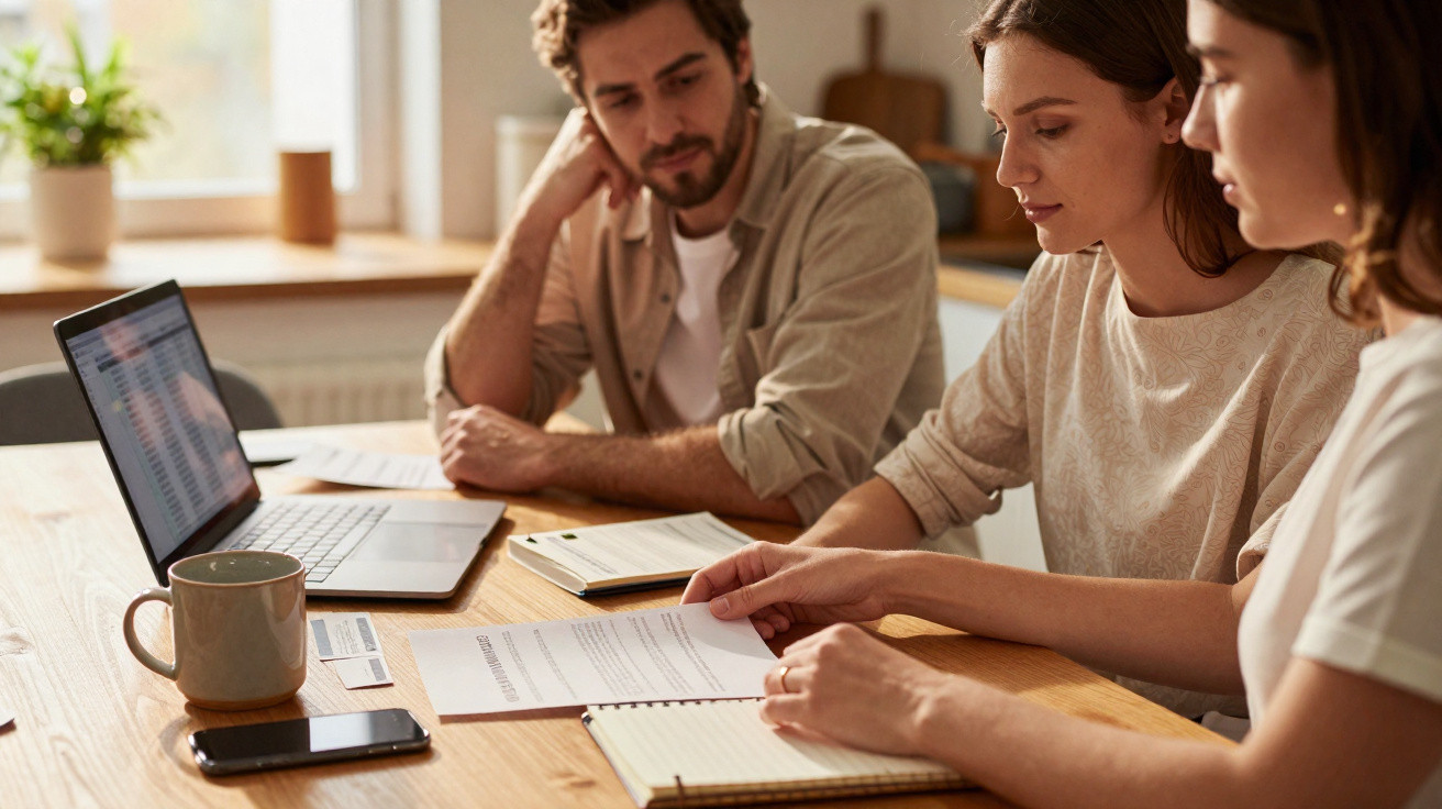 Três pessoas analisam documentos à mesa, com laptop, celular e caneca, em ambiente claro e aconchegante.