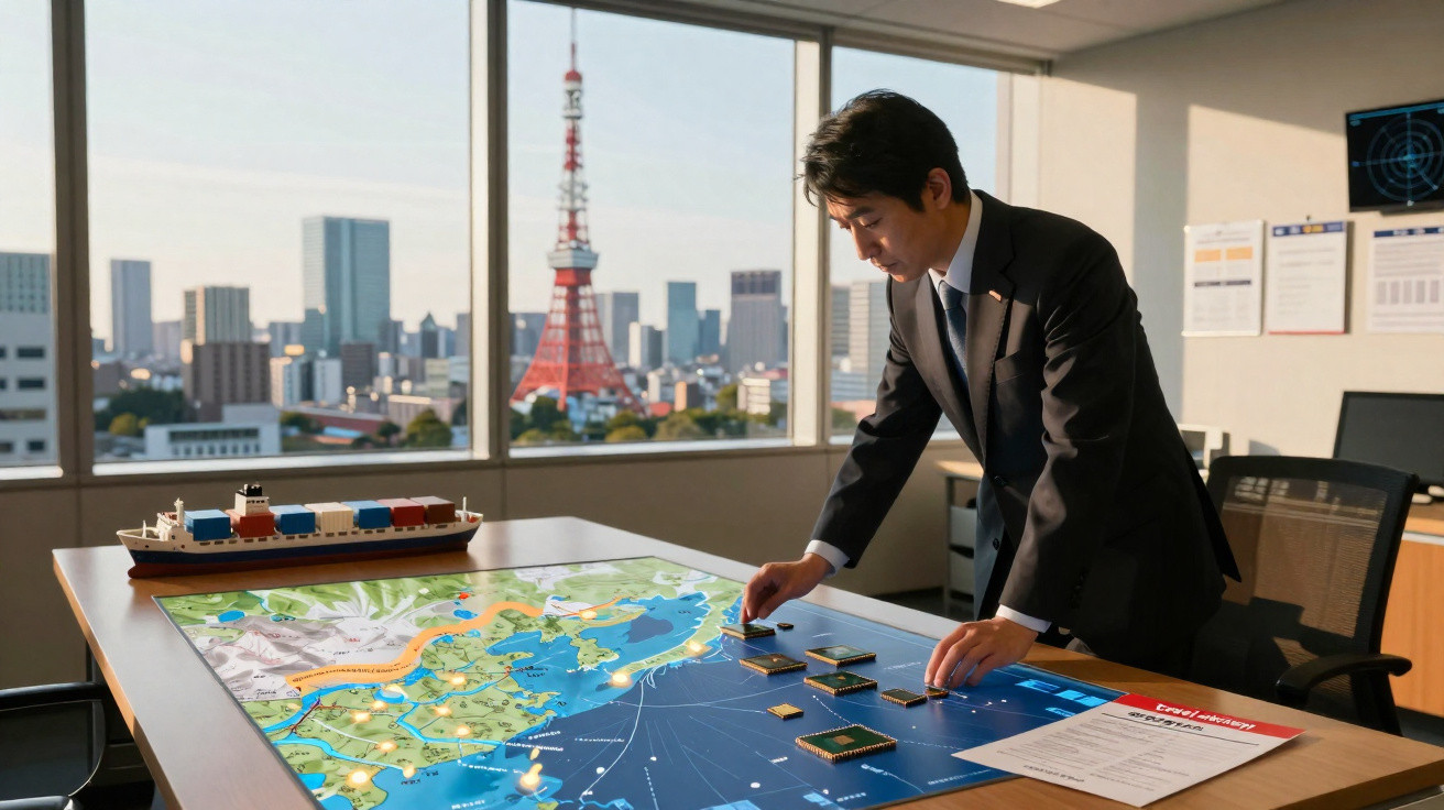Homem de terno analisa mapa estratégico em mesa com maquete de navio ao fundo, vista da cidade ao fundo.