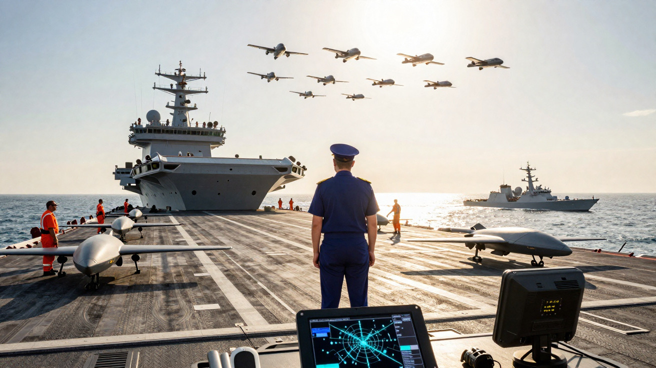 Porta-aviões com drones, militares e aviões decolando ao pôr do sol no mar.