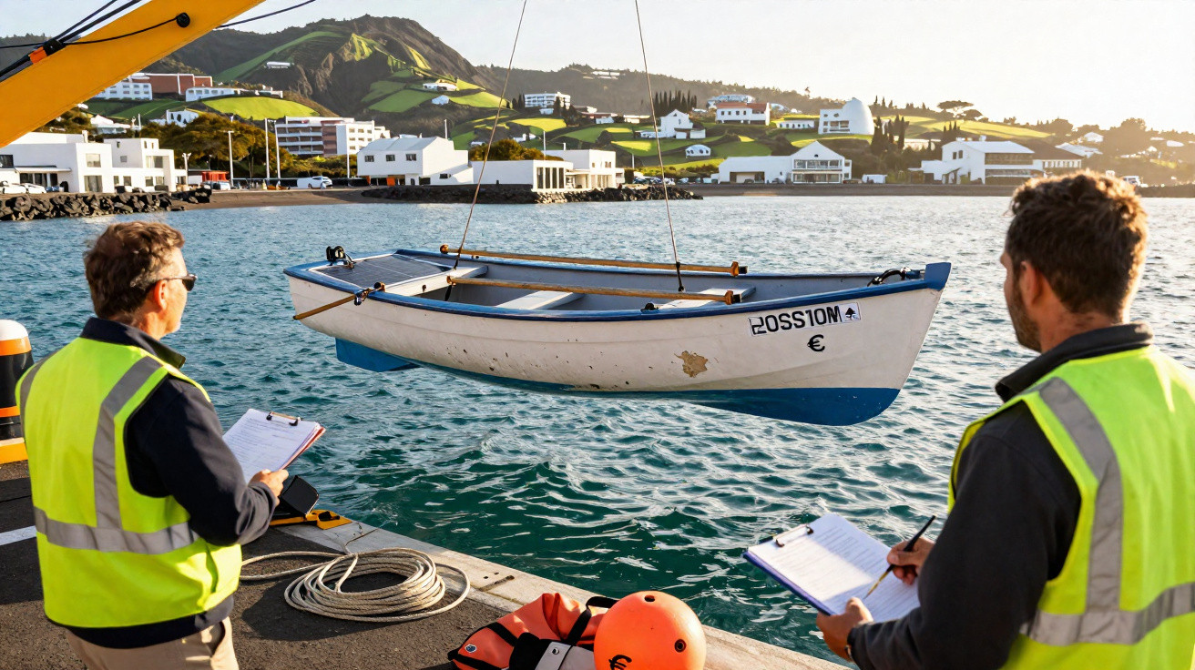 Dois homens com coletes refletores registram a inclinação de um barco suspenso sobre o mar em um porto.