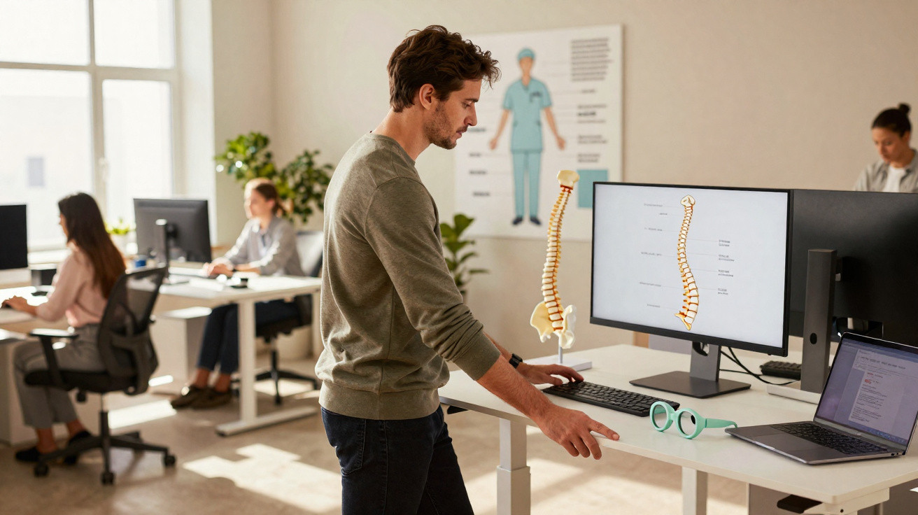 Homem estudando modelo e imagens da coluna vertebral em escritório moderno com várias pessoas trabalhando.
