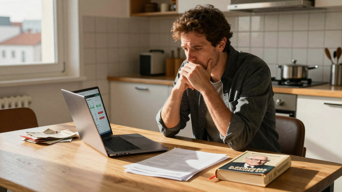 Homem sentado à mesa da cozinha olhando pensativo para tela de notebook com documentos espalhados.