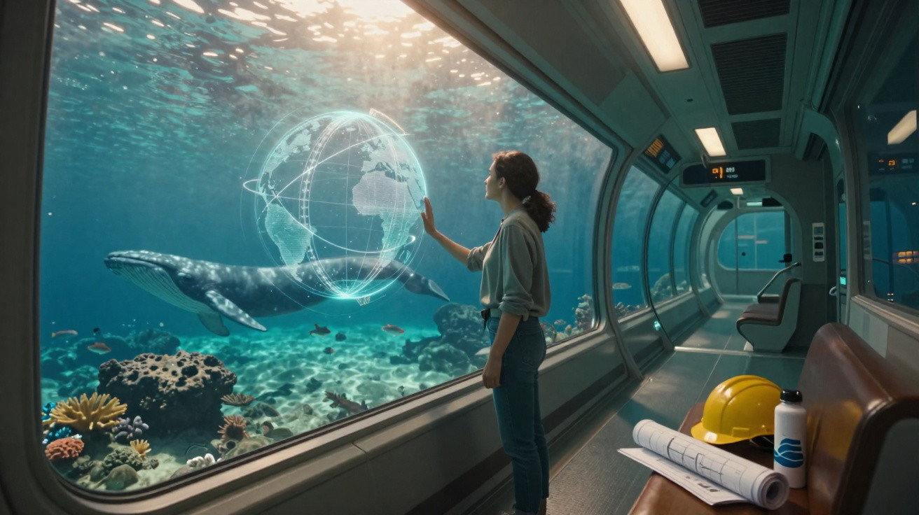 Mulher observa baleia e holograma de globo em túnel subaquático cheio de corais e peixes.