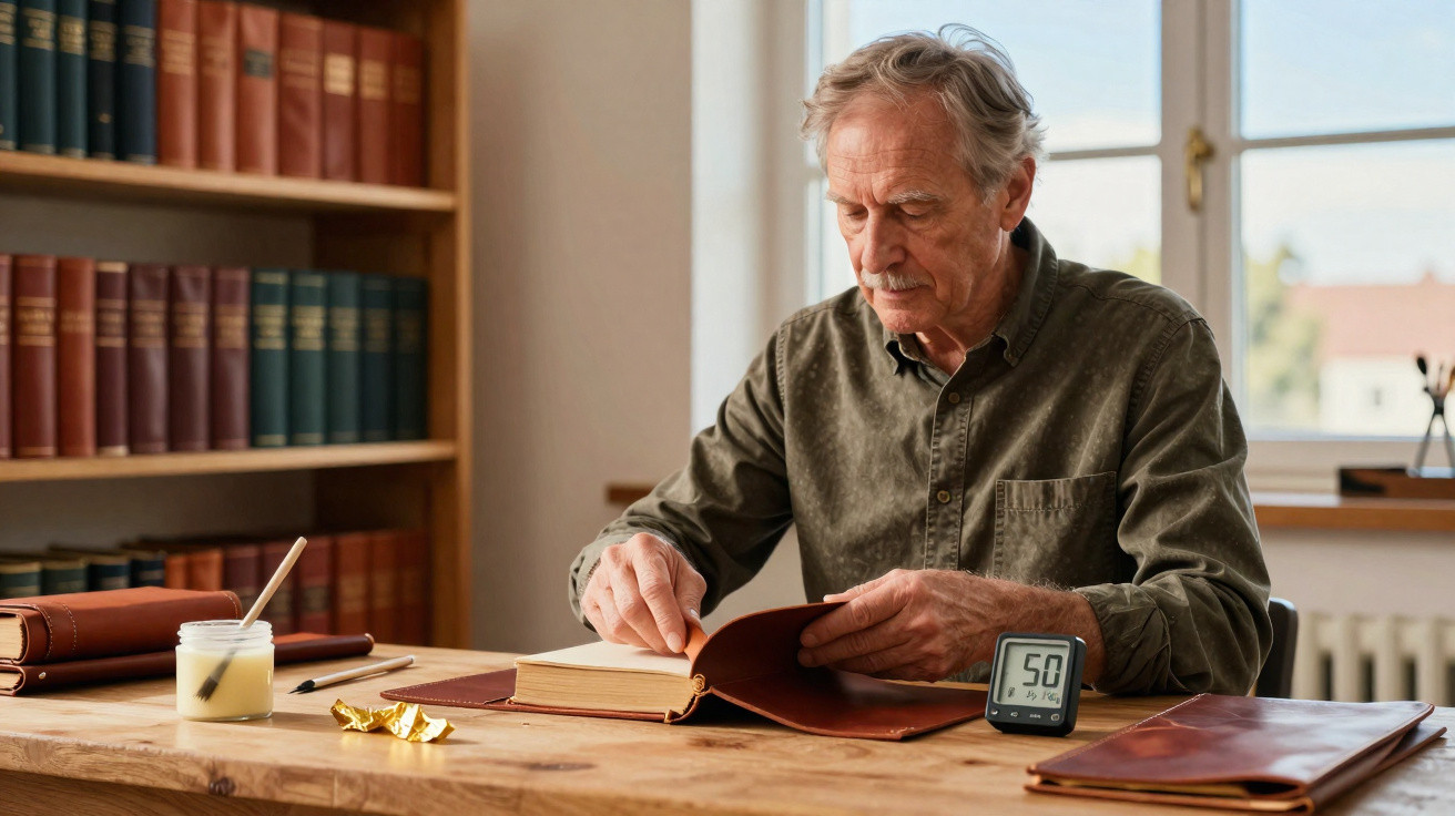 Homem idoso lendo um livro antigo em mesa de madeira com estante de livros ao fundo.