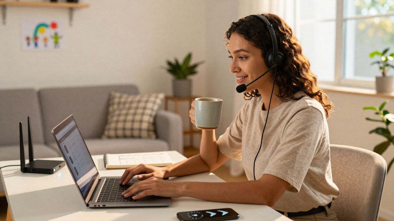 Mulher jovem com fones de ouvido, trabalhando no laptop e segurando uma caneca, sentada em home office.