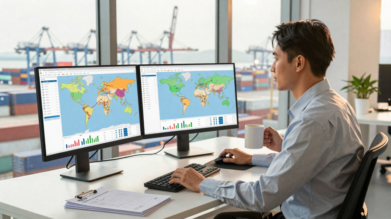 Homem em escritório observando mapas mundiais e gráficos em dois monitores, segurando uma caneca branca.