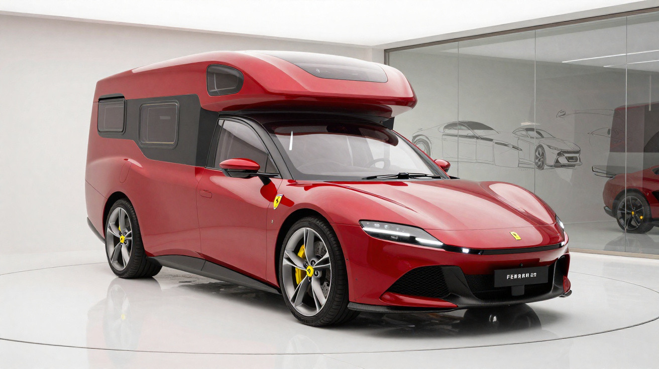 Carro esportivo vermelho Ferrari convertido em trailer com janela lateral e teto elevado exibido em estúdio.