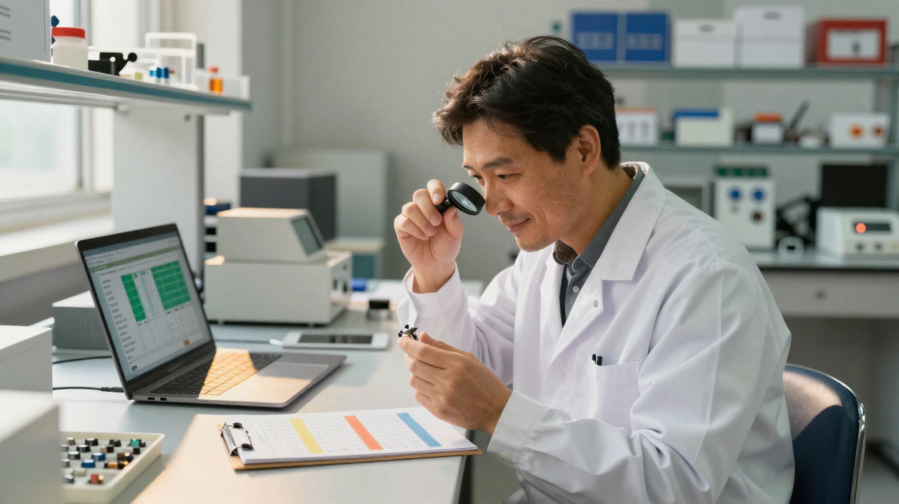Cientista em jaleco branco analisa amostra com lupa em laboratório moderno com laptop e equipamentos.