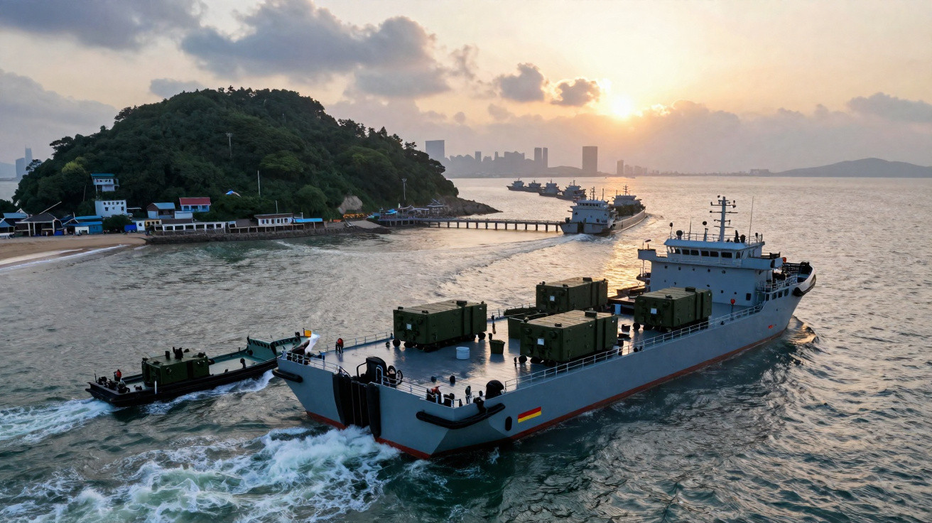 Navios militares transportando contêineres passam por área costeira com ilha e prédios ao fundo ao pôr do sol.