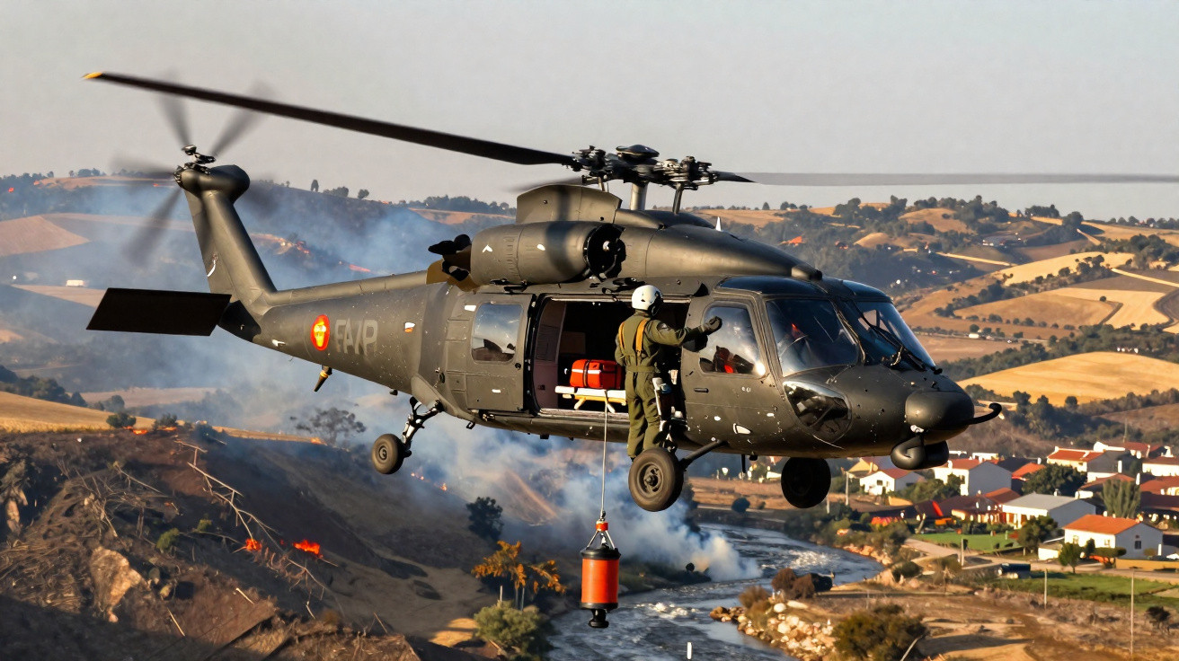 Helicóptero militar com tripulante pendurado lança água para apagar incêndio em área rural.
