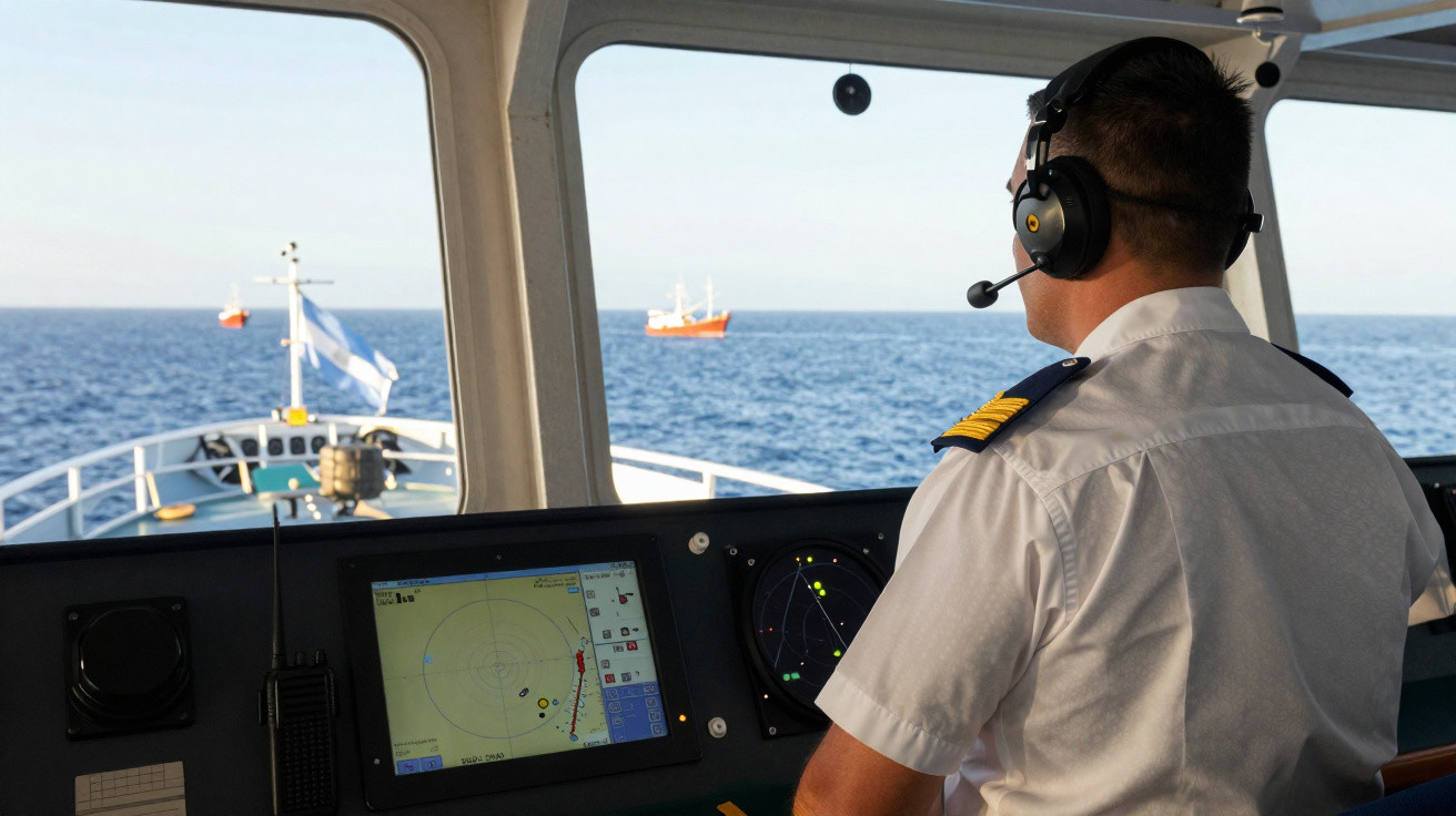 Homem com uniforme de capitão e headset no comando de barco, olhando para o mar e outras embarcações.