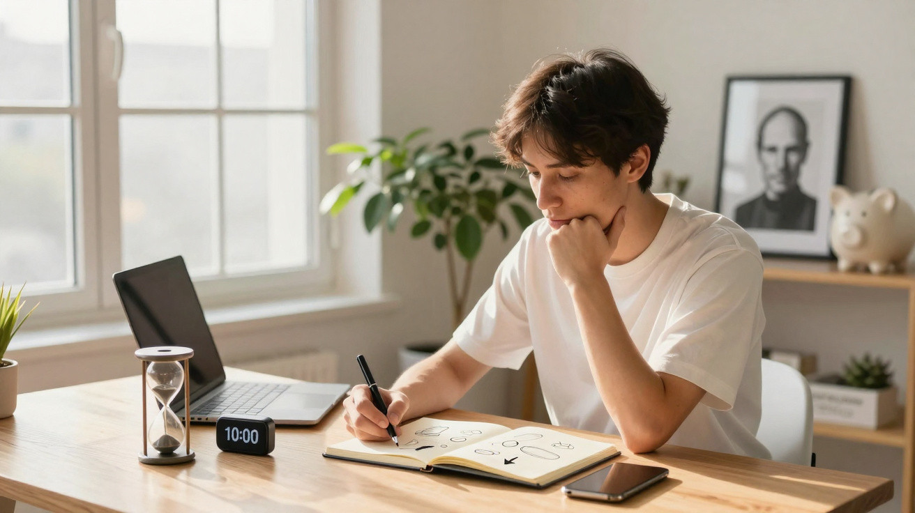 Homem jovem desenha esboços em caderno, sentado à mesa com laptop, celular e ampulheta em ambiente iluminado.