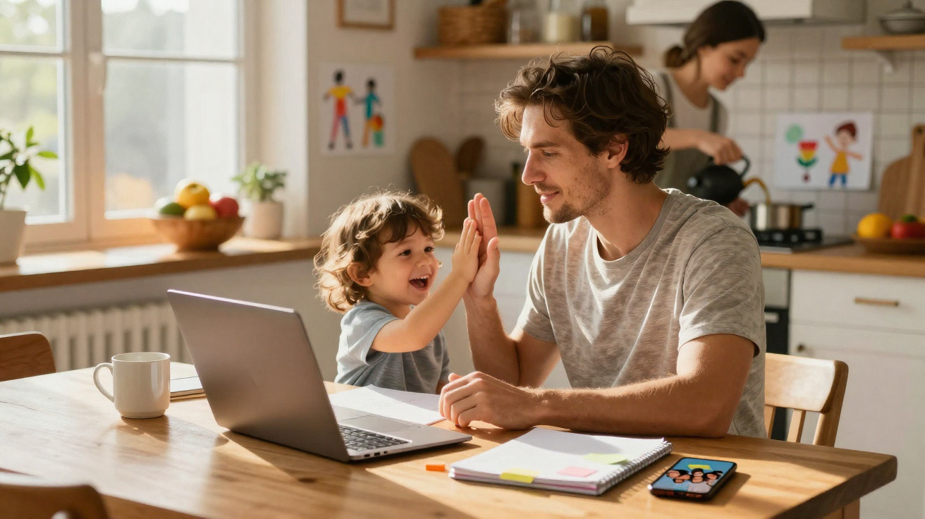 Pai e filho sorrindo e se cumprimentando durante atividade com notebook, enquanto mulher prepara algo na cozinha ao fundo.