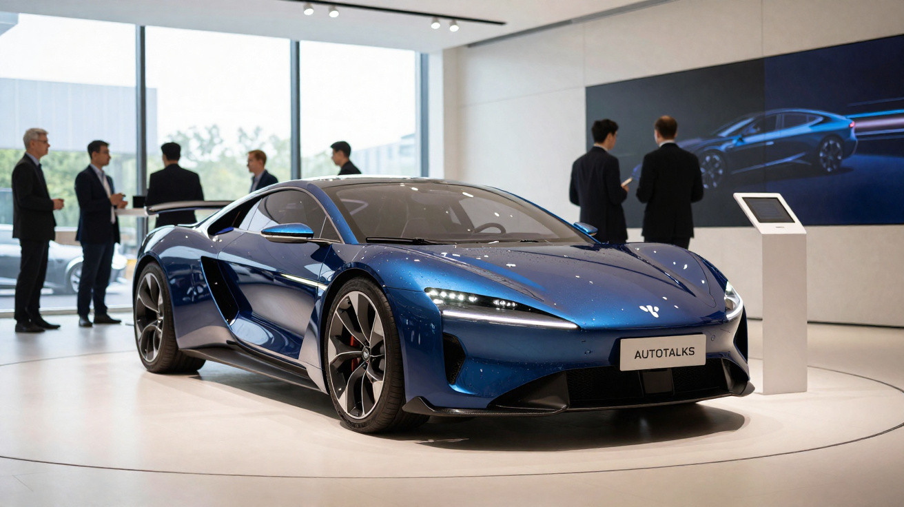 Carro esportivo azul elétrico exposto em salão com pessoas ao fundo e tela mostrando o mesmo modelo.