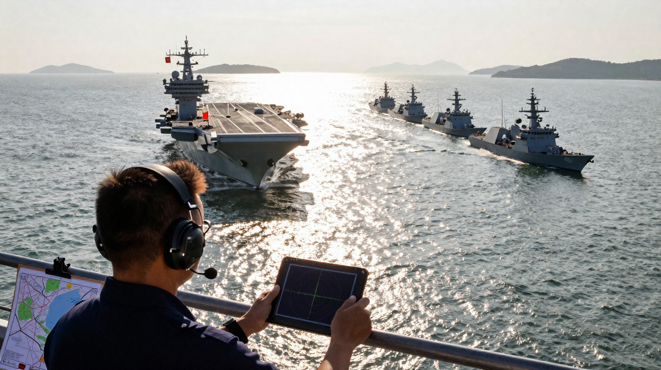 Marinheiro usando tablet monitora frota naval com porta-aviões e destróieres no mar ao pôr do sol.