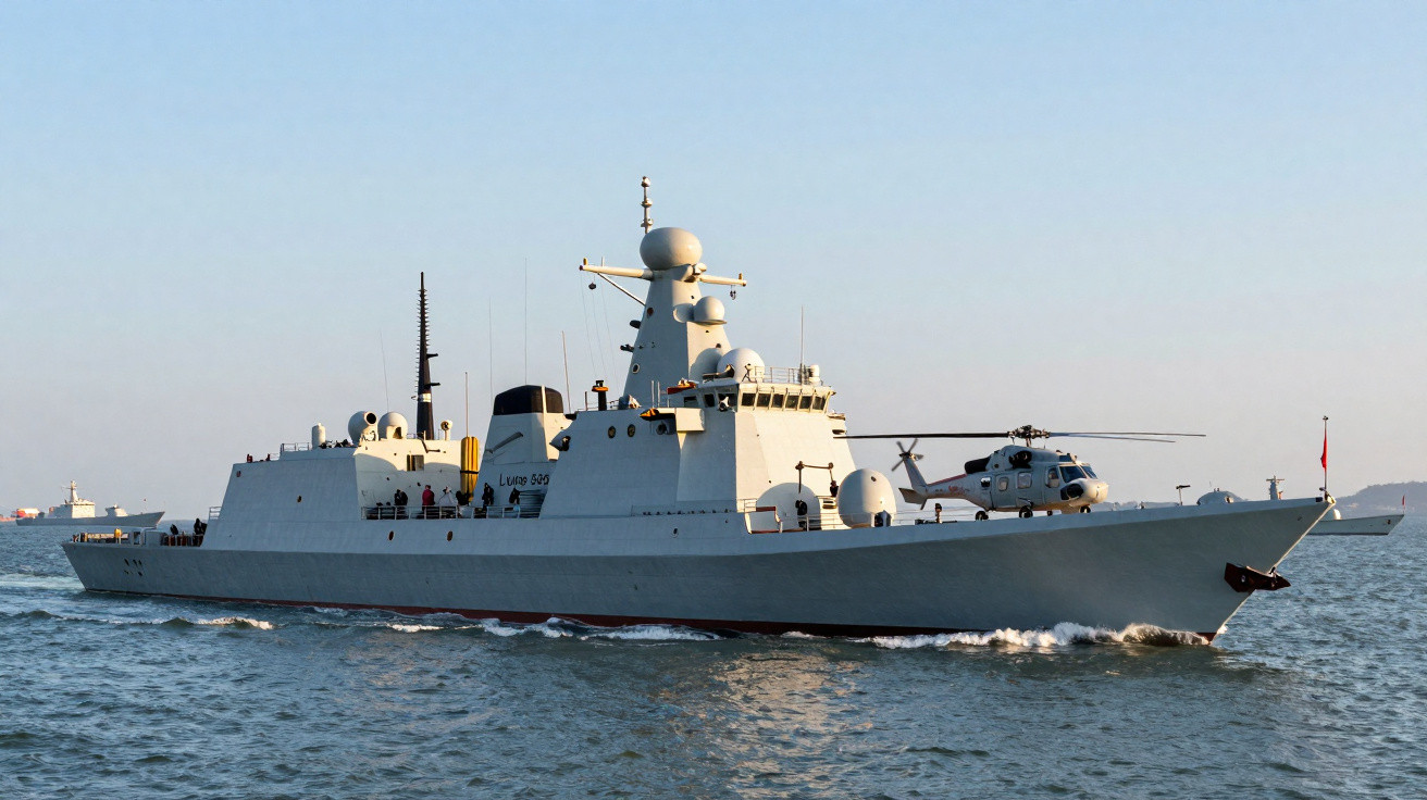 Navio de guerra cinza com helicóptero pousado no convés navegando em mar calmo.