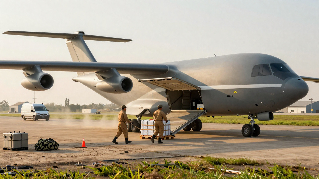 Avião militar cinza com porta traseira aberta e soldados carregando suprimentos em plataforma de aeroporto.