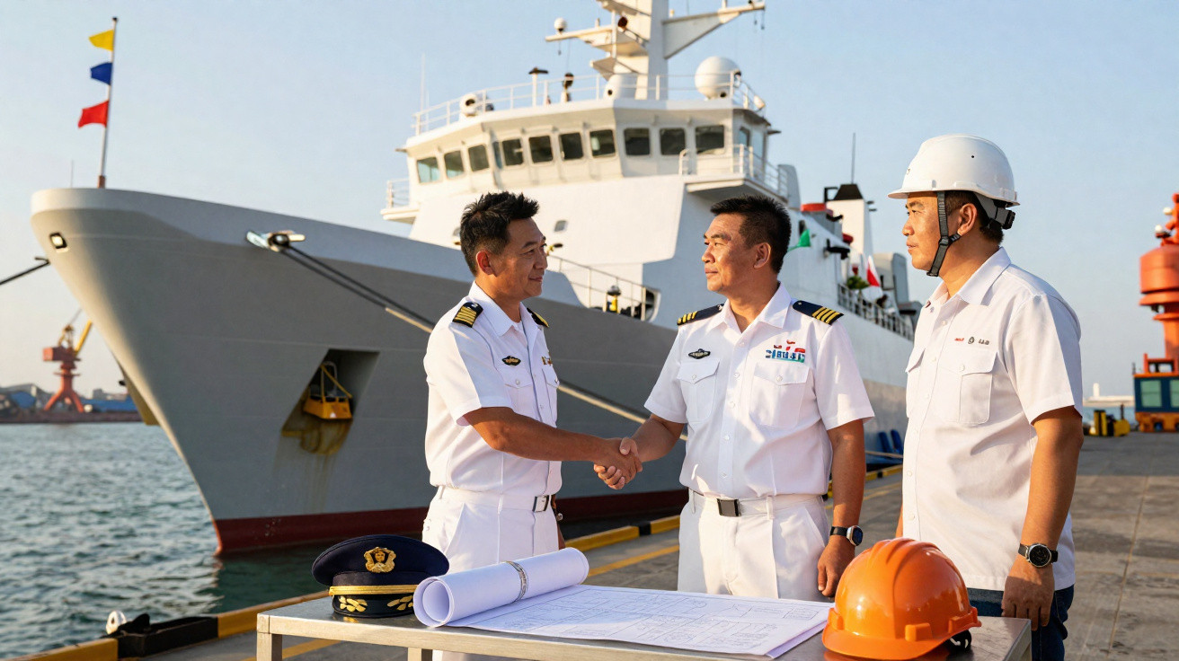 Dois oficiais navais apertando as mãos no cais com um navio ao fundo e um terceiro homem de capacete observando.