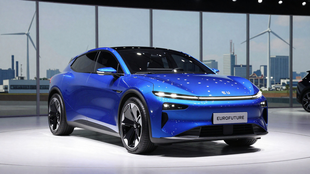 Carro elétrico azul com design futurista exibido em salão, com janela de vidro e turbinas eólicas ao fundo.