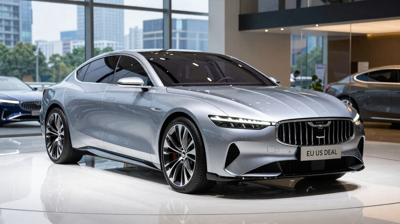 Carro esportivo cinza prata exibido em showroom com design elegante e rodas grandes.