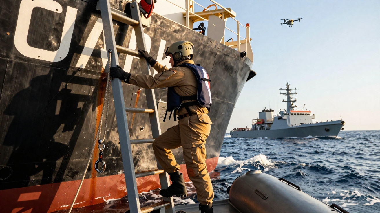 Militar sobe escada para bordo de navio no mar com drone voando e outro navio ao fundo em dia ensolarado.
