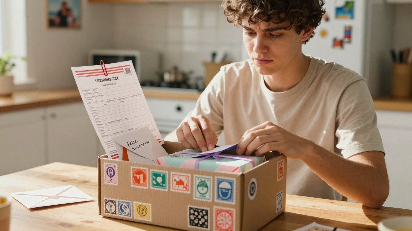 Jovem abrindo caixa de presente com cartões e papel de presente em cozinha iluminada.