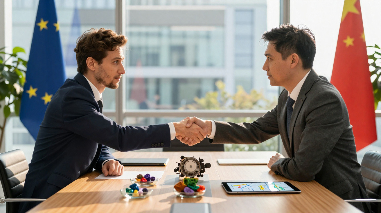 Dois homens de terno apertando as mãos em uma reunião, com bandeiras da União Europeia e China ao fundo.